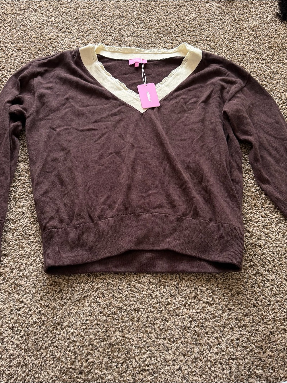 Edikted Brown V-Neck Sweater with Cream Trim NWT